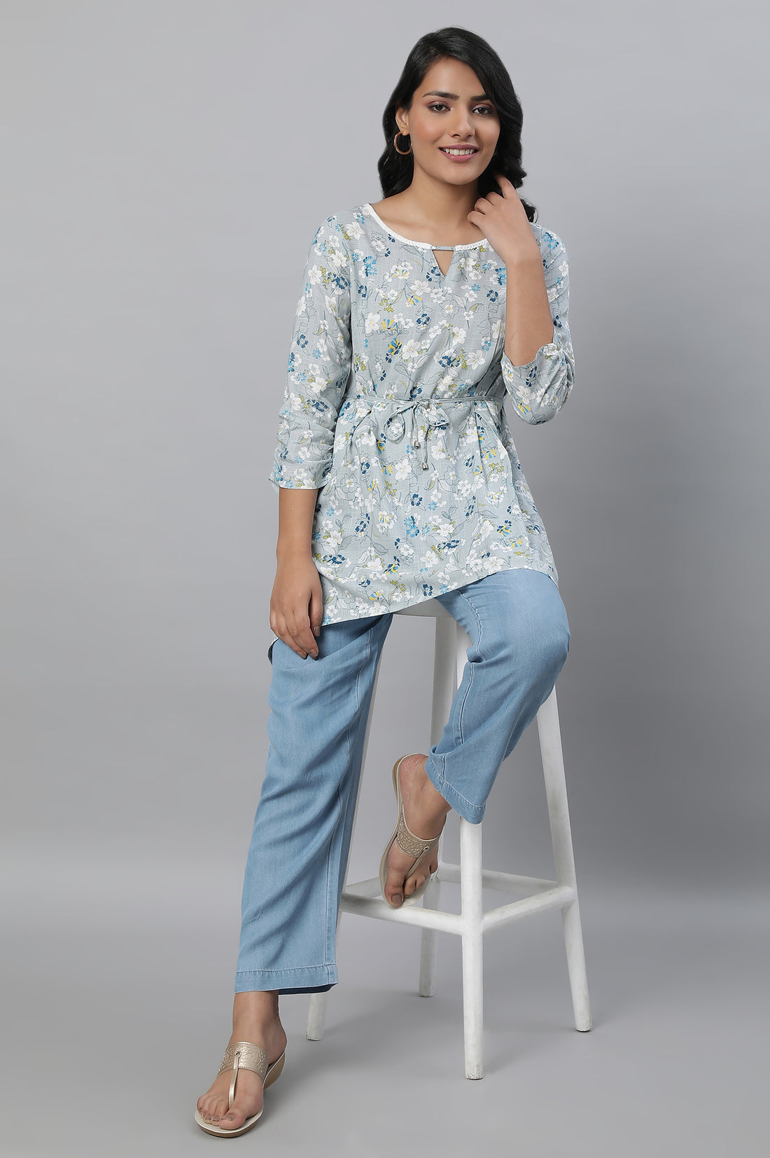 Light Blue Solid Straight Fit Denim Palazzo With Pleated Detail