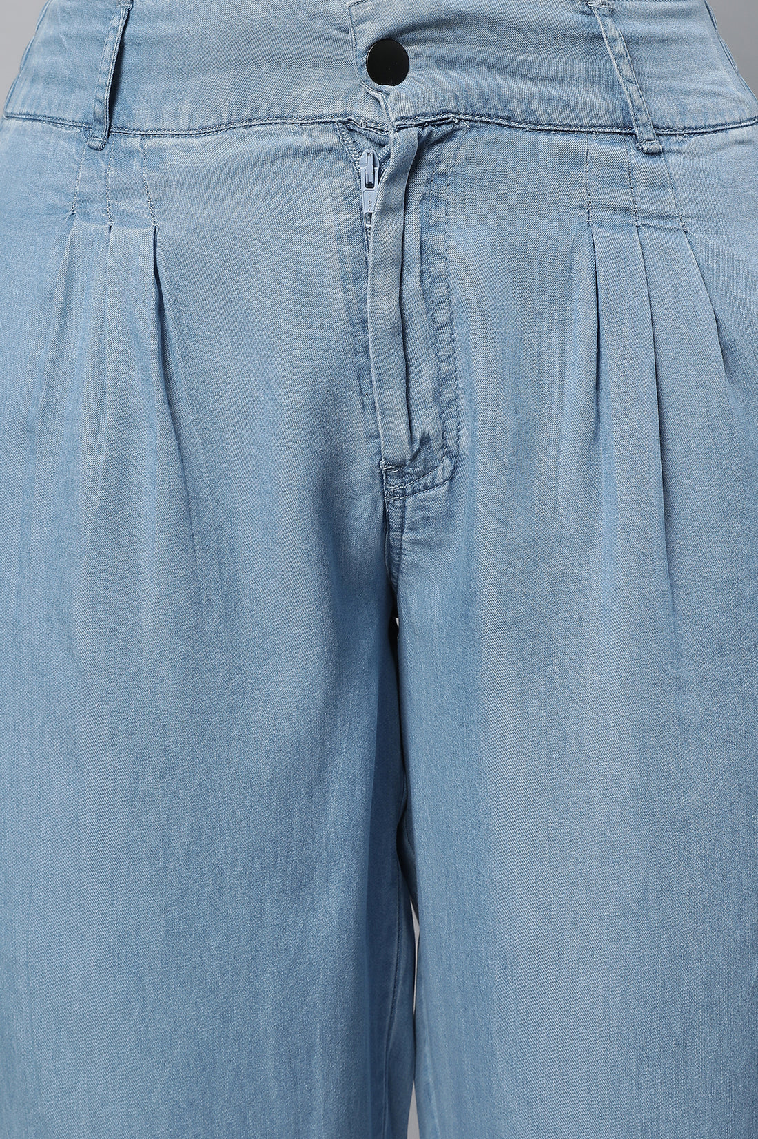 Light Blue Solid Straight Fit Denim Palazzo With Pleated Detail