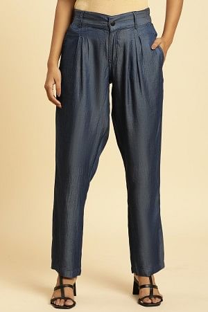 Blue Solid Straight Fit Denim Pants With Pleated Detail