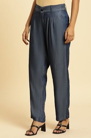Blue Solid Straight Fit Denim Pants With Pleated Detail