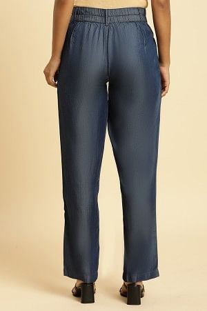 Blue Solid Straight Fit Denim Pants With Pleated Detail
