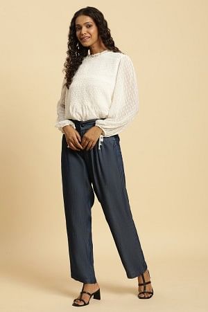 Blue Solid Straight Fit Denim Pants With Pleated Detail