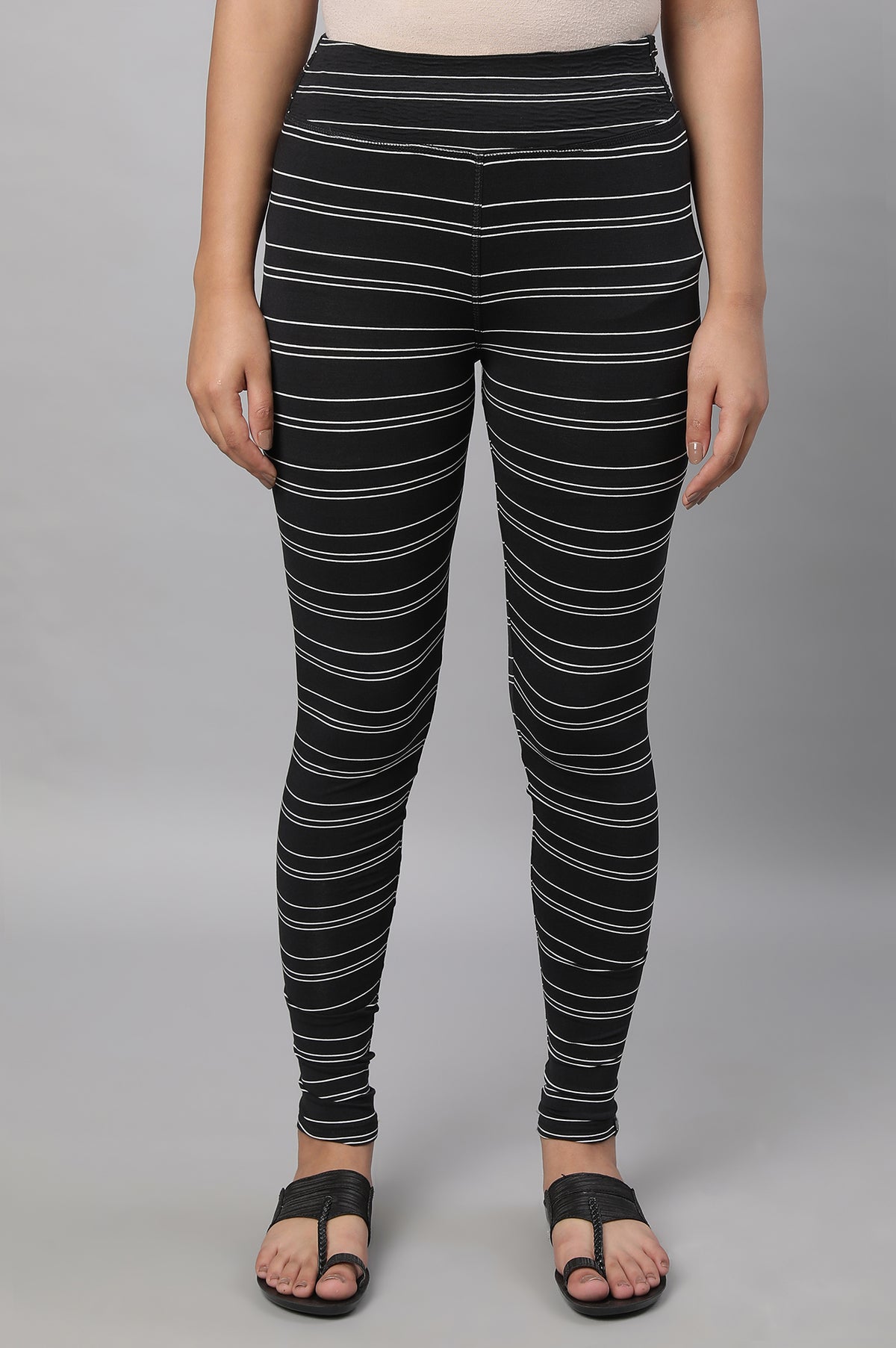 Elleven Women's Black Striped Skinny Fit Cotton Tights With High Waistband - XS