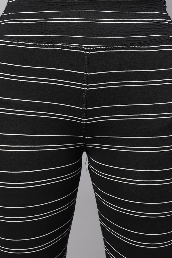 Black Striped Skinny Fit Cotton Tights With High Waistband