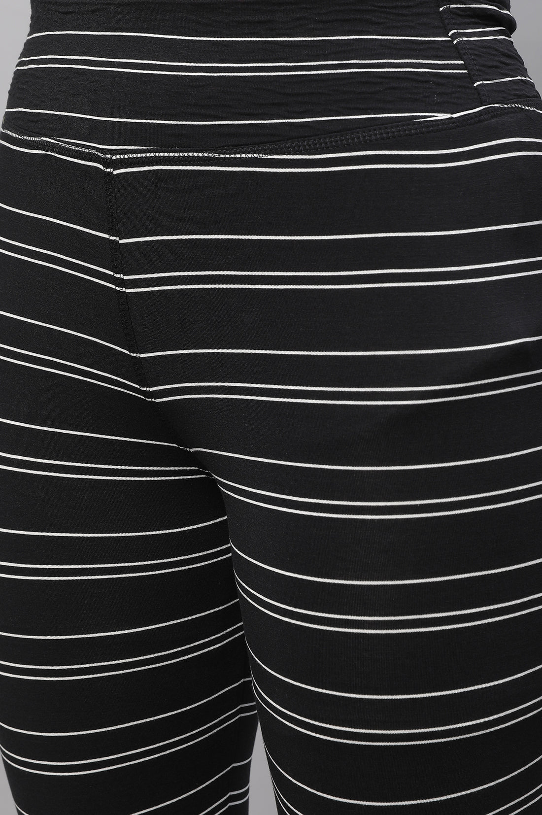 Black Striped Skinny Fit Cotton Tights With High Waistband
