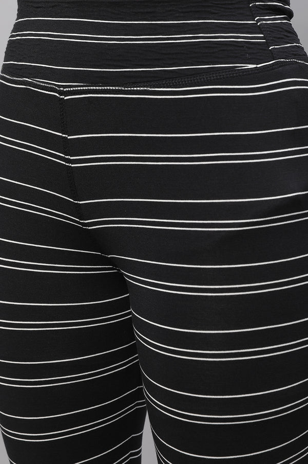 Black Striped Skinny Fit Cotton Tights With High Waistband