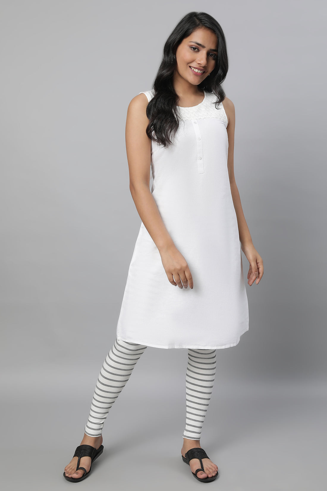 White Striped Skinny Fit Cotton Tights With High Waistband