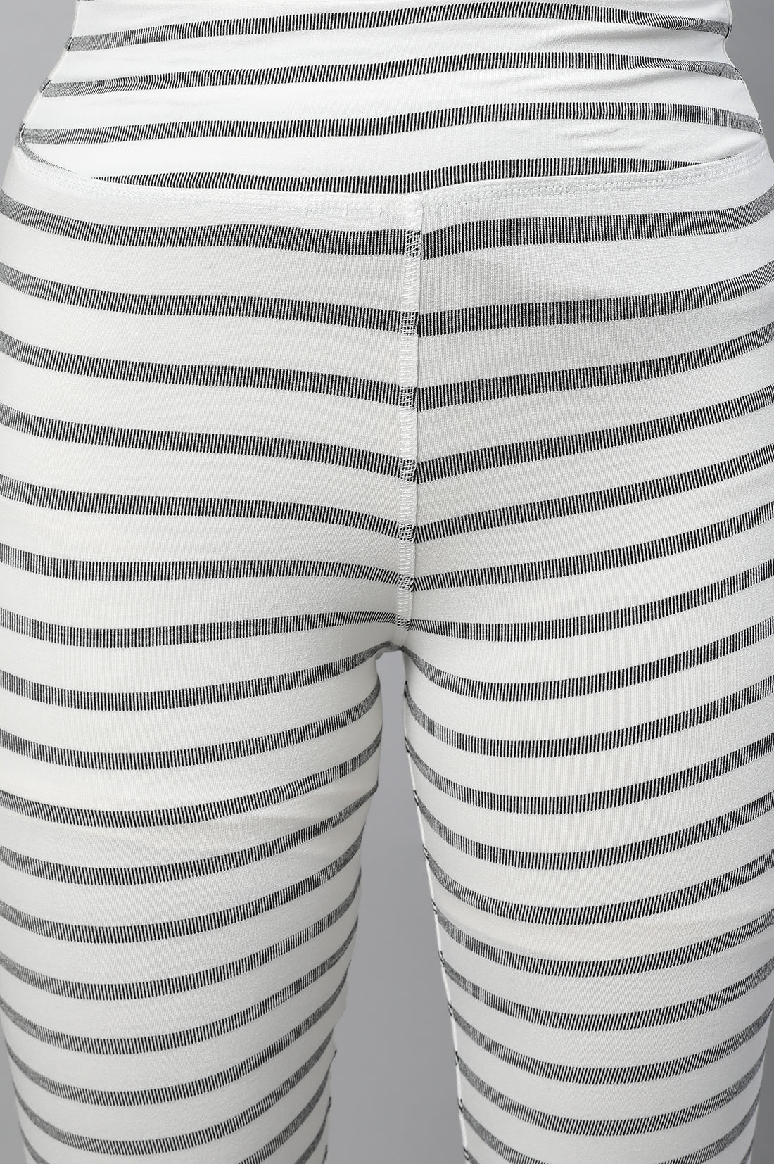 White Striped Skinny Fit Cotton Tights With High Waistband