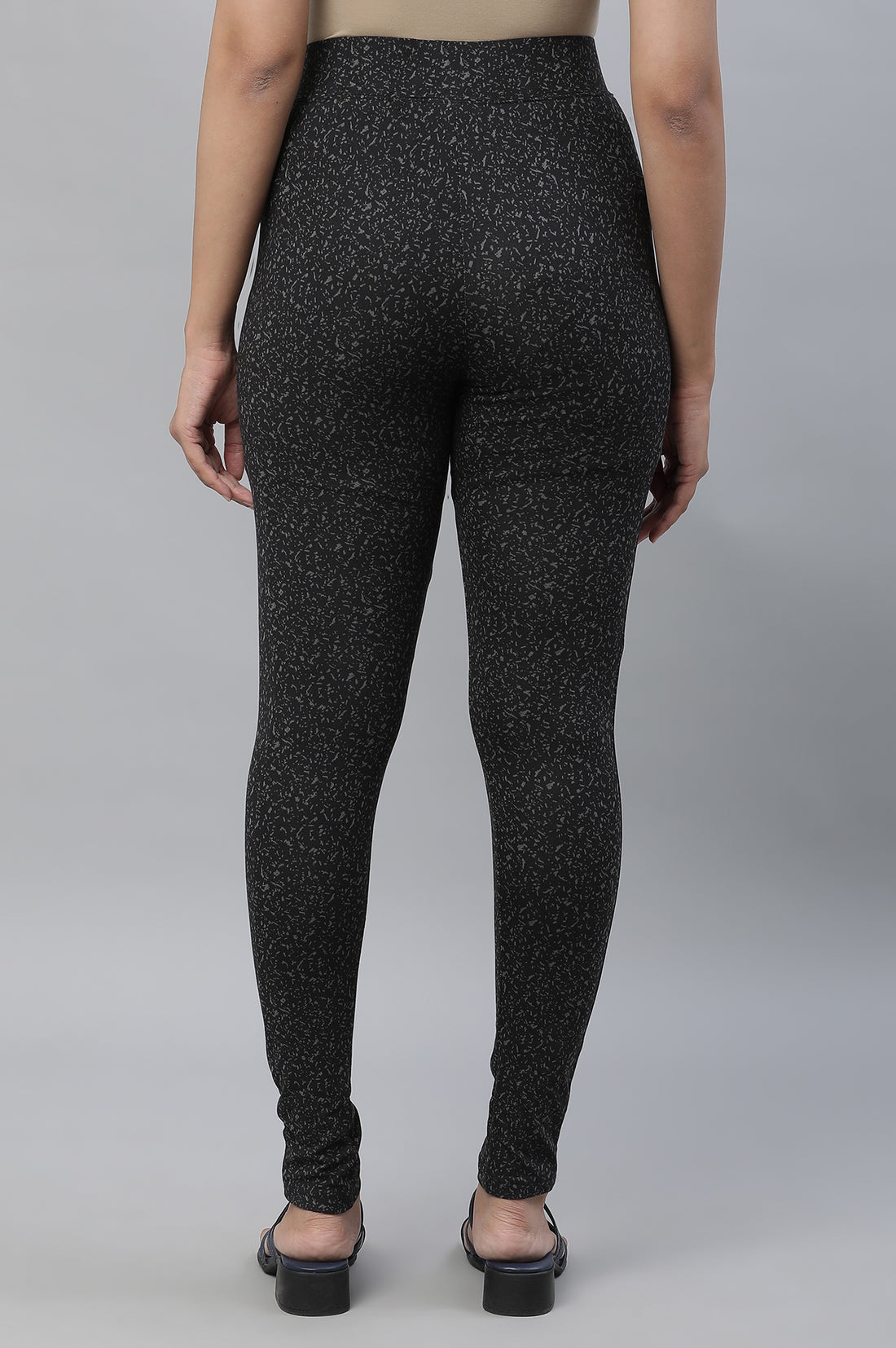 Black Printed Skinny Fit Tights With Elasticated Waist
