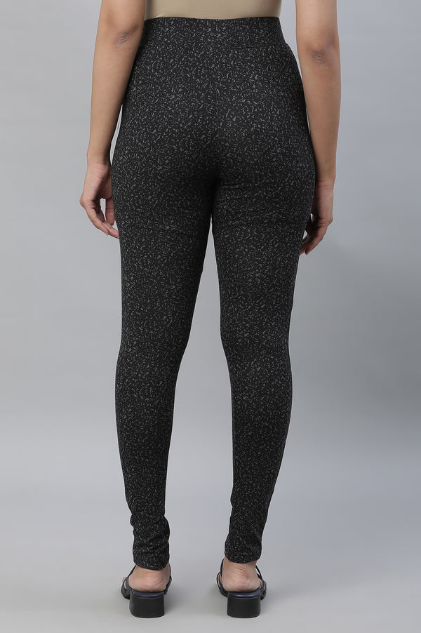 Black Printed Skinny Fit Tights With Elasticated Waist