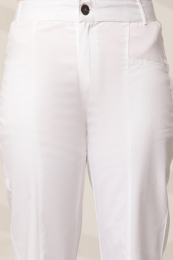 White Solid Straight Fit Cotton Pants With Front Pockets