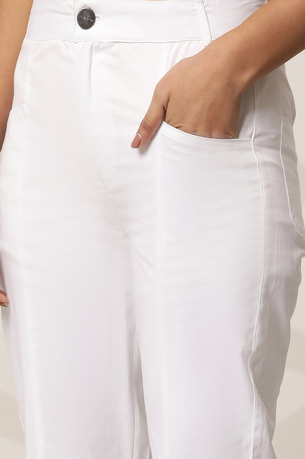 White Solid Straight Fit Cotton Pants With Front Pockets