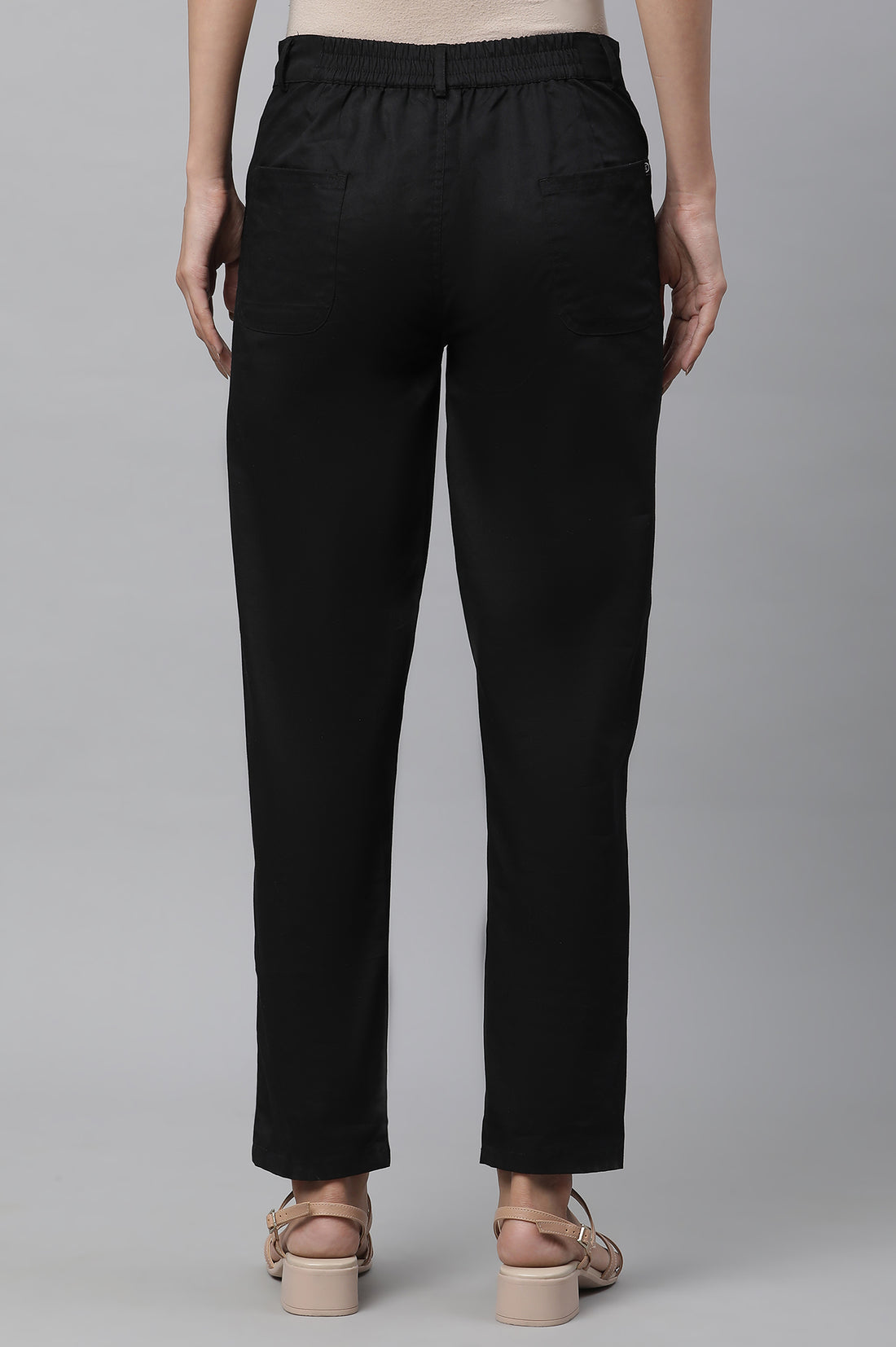 Black Solid Straight Fit Cotton Pants With Elasticated Back