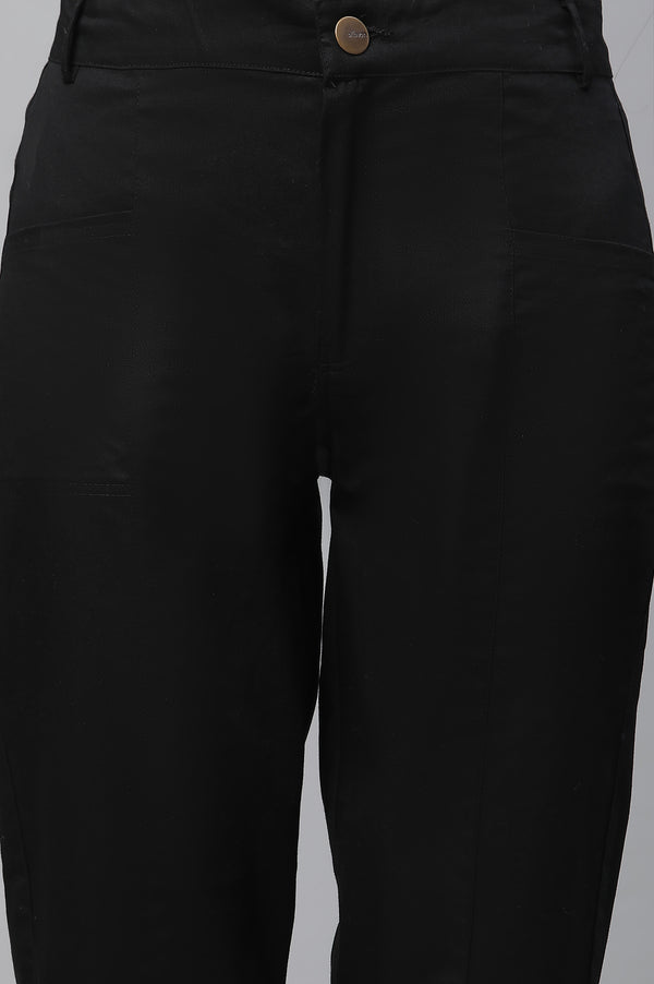 Black Solid Straight Fit Cotton Pants With Elasticated Back