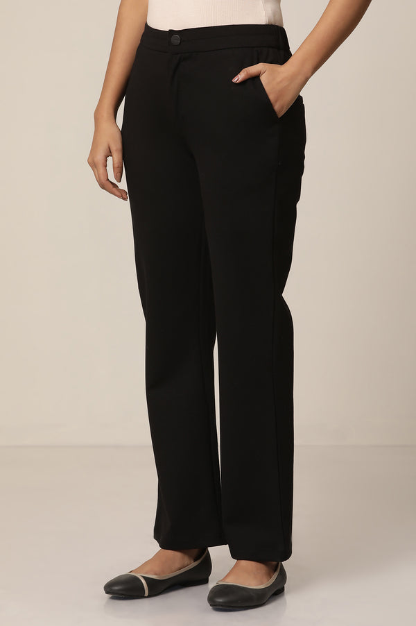 Elleven Women's Black Solid Straight Fit Pants With Elasticated Waist