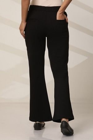 Black Solid Straight Fit Pants With Elasticated Waist
