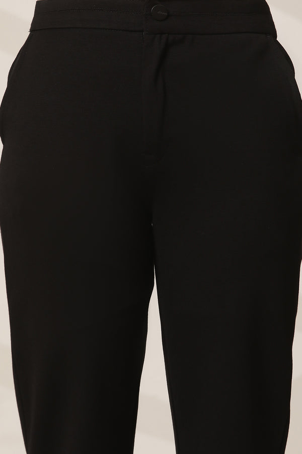 Elleven Women's Black Solid Straight Fit Pants With Elasticated Waist