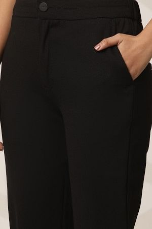 Black Solid Straight Fit Pants With Elasticated Waist