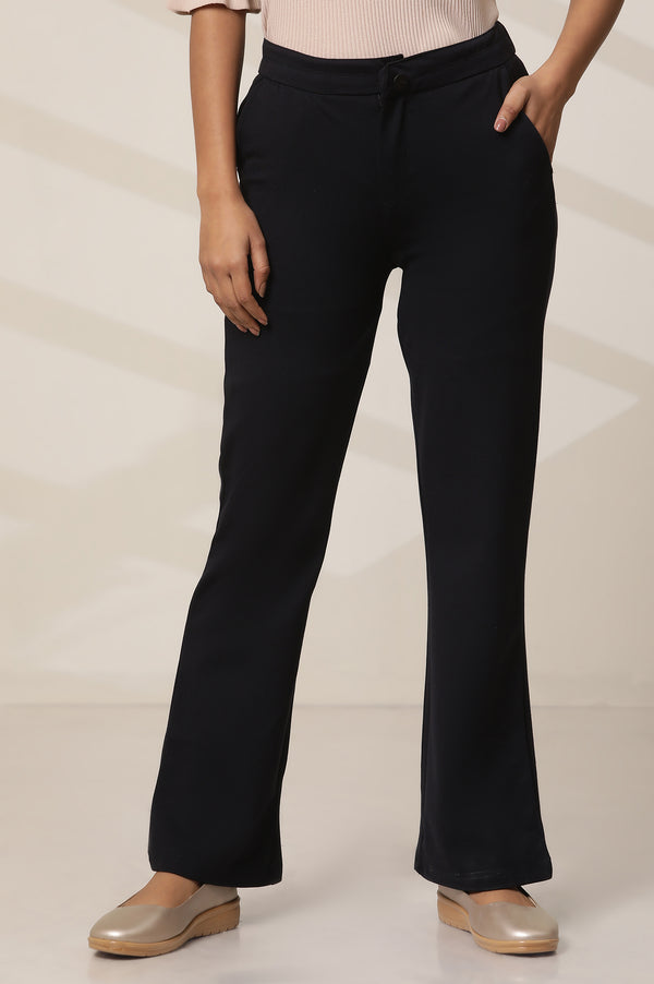 Elleven Women's Navy Blue Solid Flared Knit Pants with Elasticated Waist