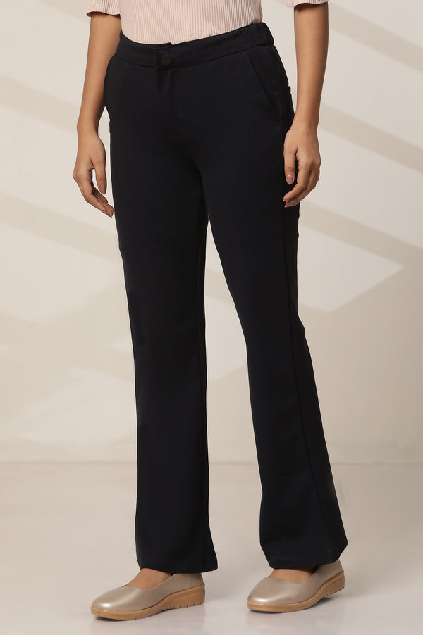 Elleven Women's Navy Blue Solid Flared Knit Pants with Elasticated Waist