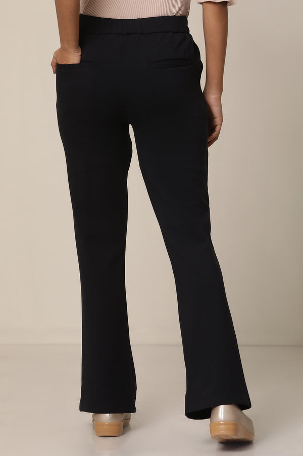 Elleven Women's Navy Blue Solid Flared Knit Pants with Elasticated Waist