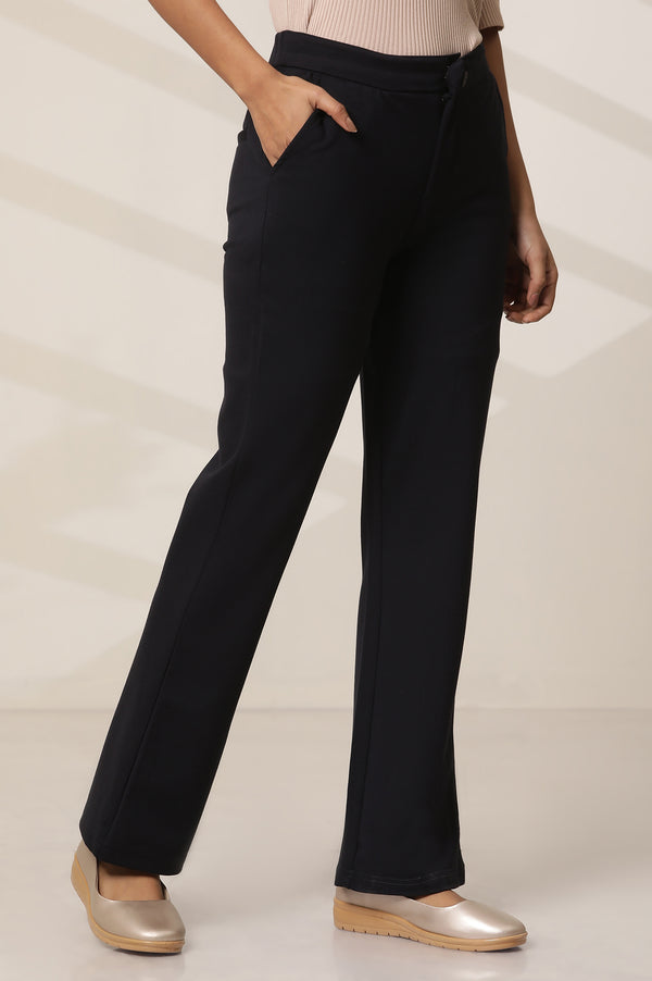 Elleven Women's Navy Blue Solid Flared Knit Pants with Elasticated Waist