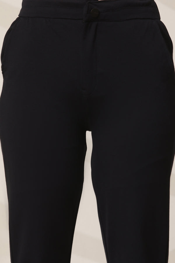 Elleven Women's Navy Blue Solid Flared Knit Pants with Elasticated Waist