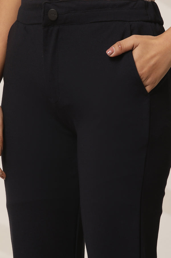 Elleven Women's Navy Blue Solid Flared Knit Pants with Elasticated Waist