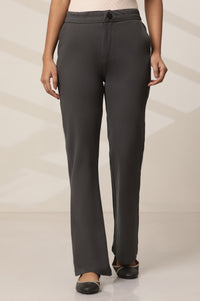 Grey Solid Straight Fit Pants With Button Closure