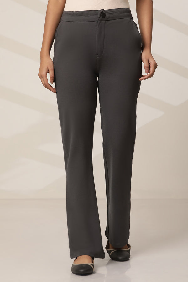 Grey Solid Straight Fit Pants With Button Closure