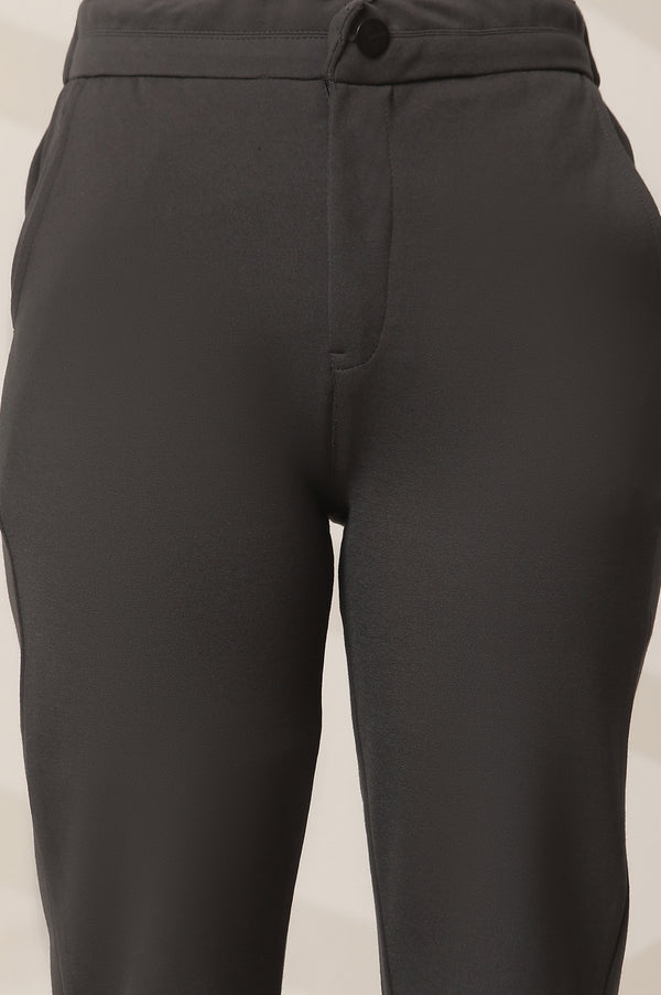 Grey Solid Straight Fit Pants With Button Closure
