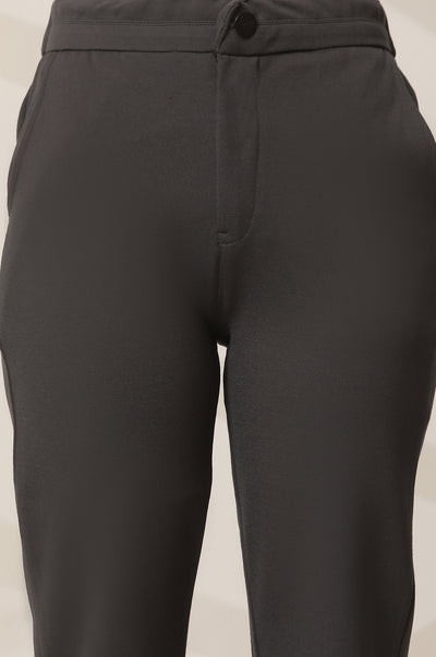 Grey Solid Straight Fit Pants With Button Closure