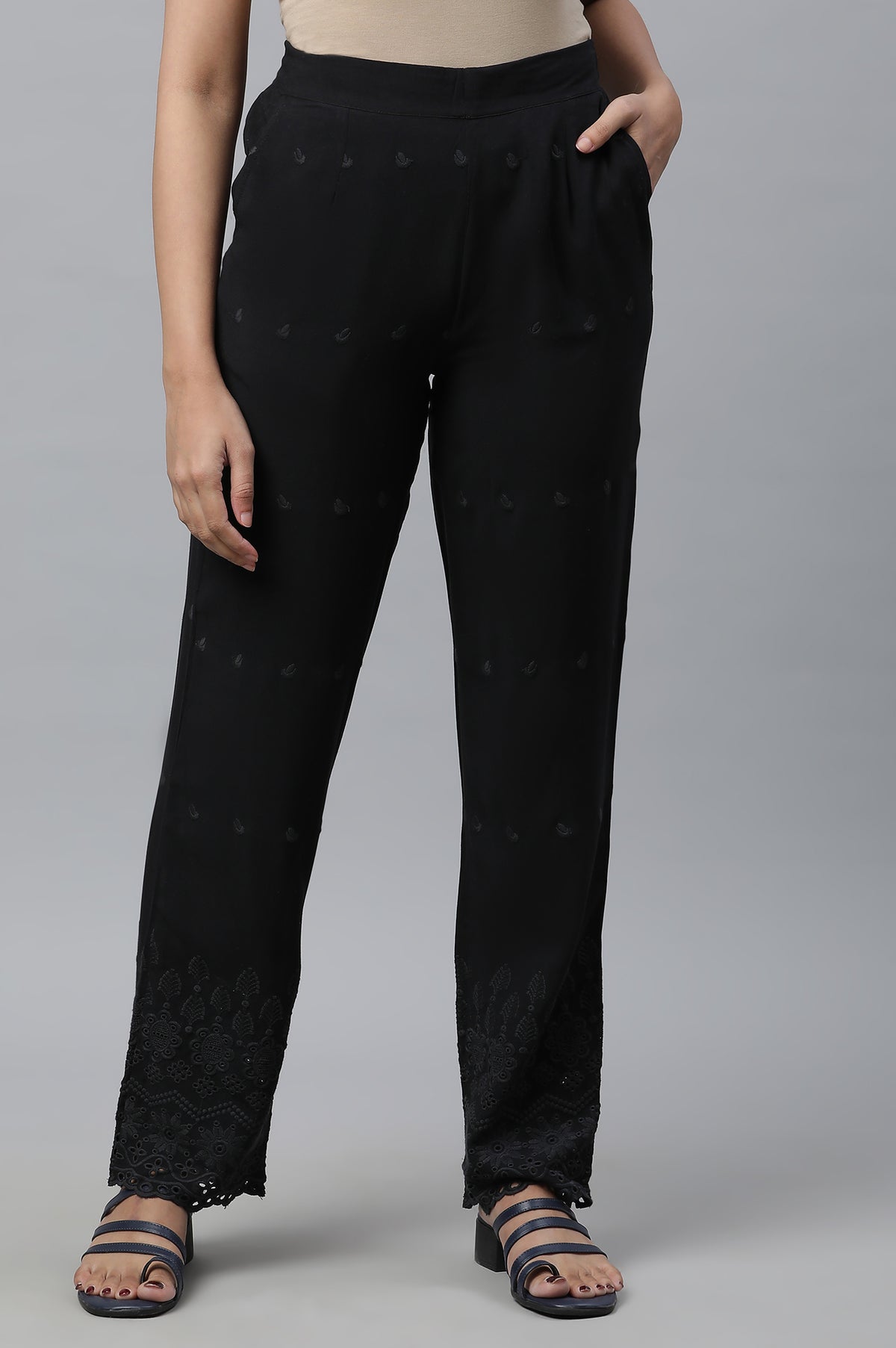 Elleven Women's Black Schiffli Embroidered Straight Fit Woven Palazzo With Elasticated Waist - L