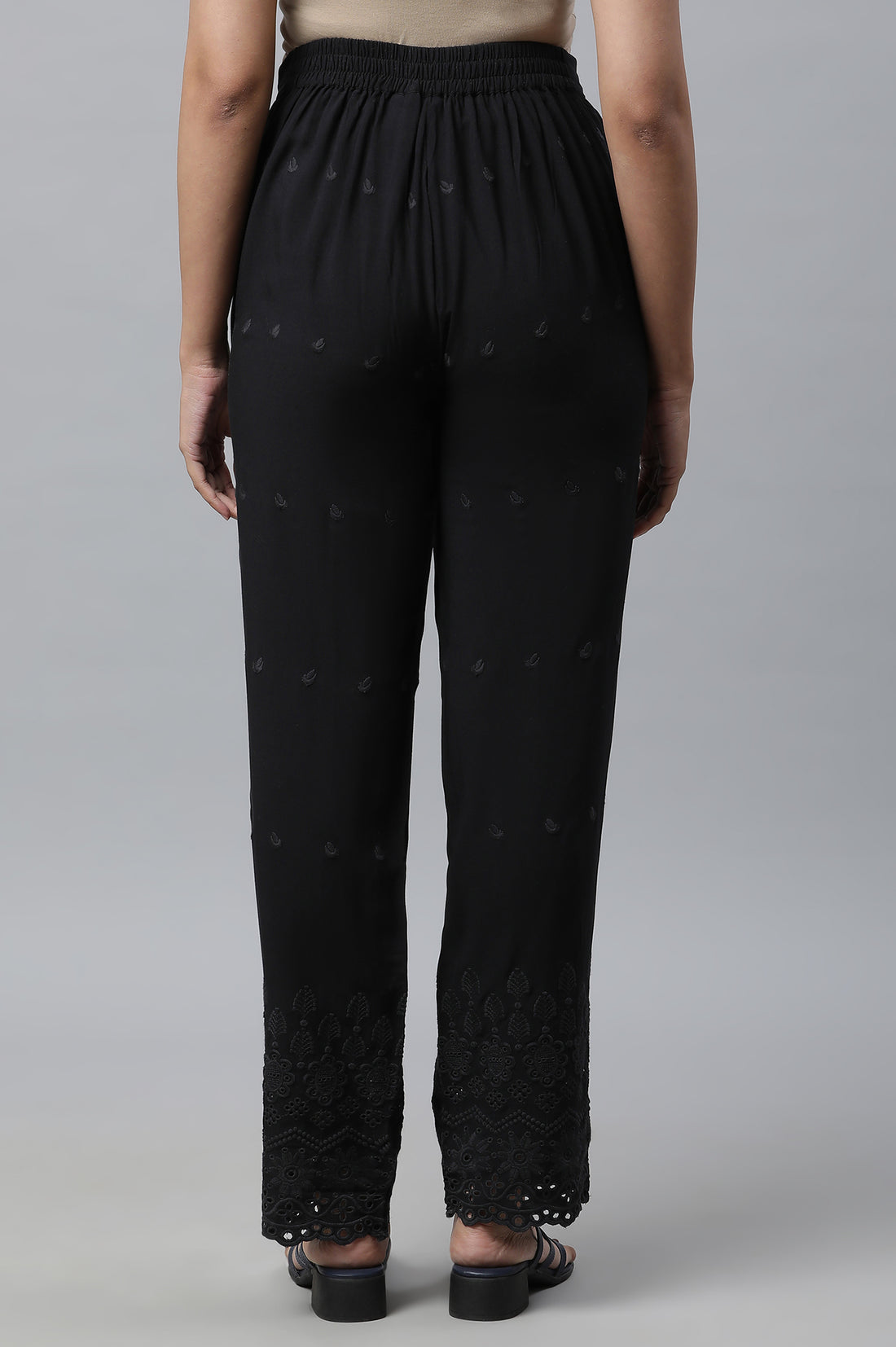 Black Schiffli Embroidered Straight Fit Woven Palazzo With Elasticated Waist