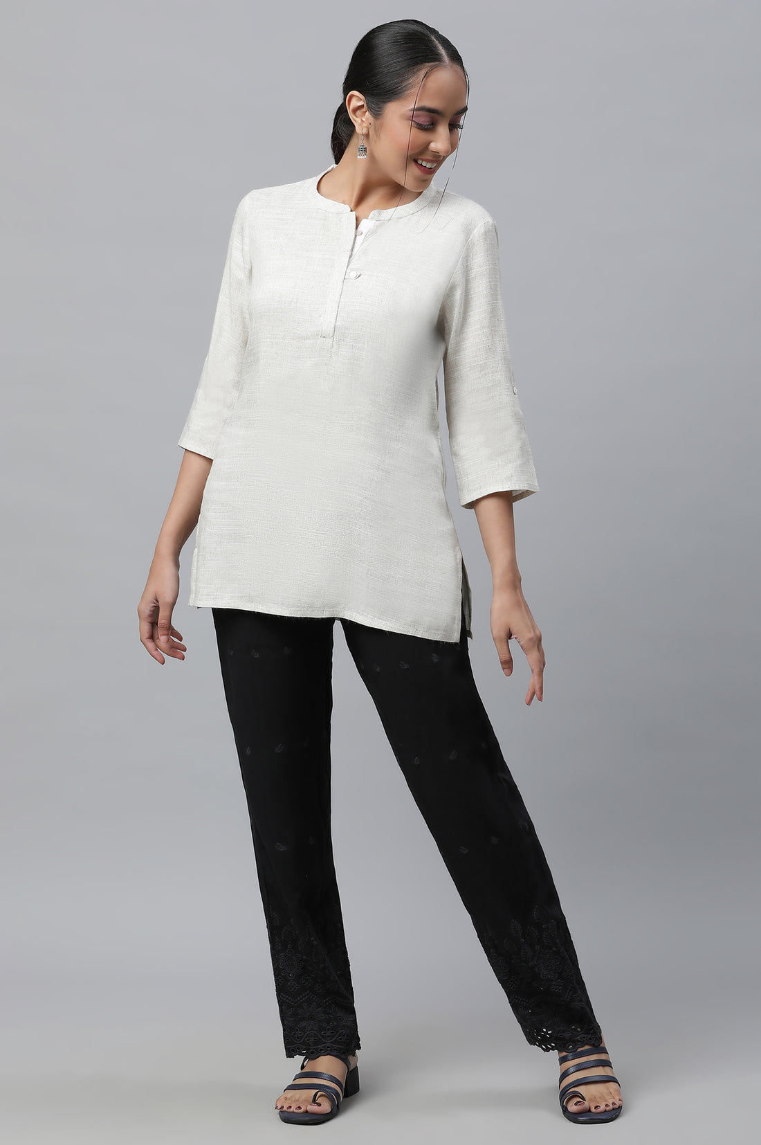 Black Schiffli Embroidered Straight Fit Woven Palazzo With Elasticated Waist