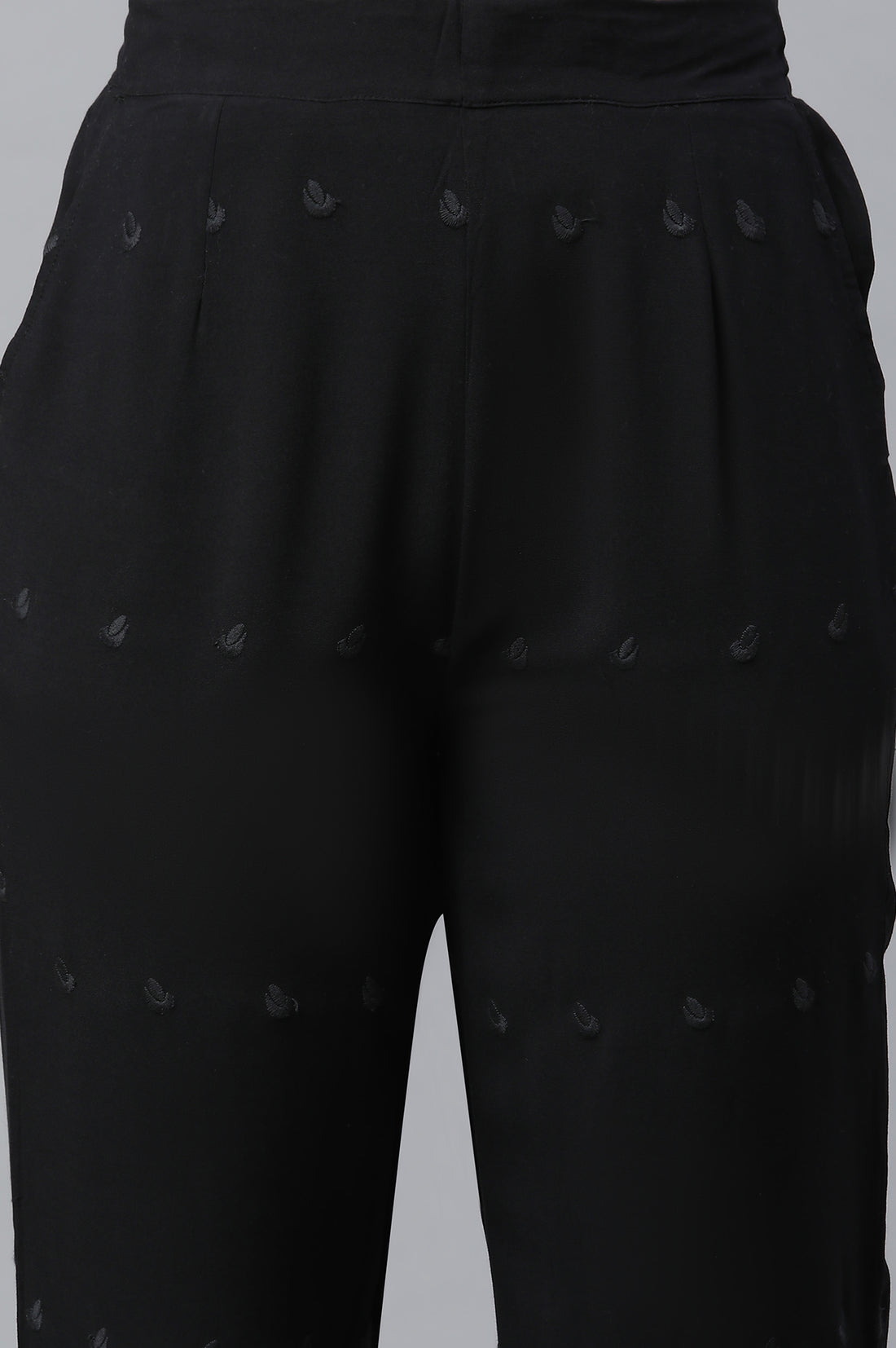 Black Schiffli Embroidered Straight Fit Woven Palazzo With Elasticated Waist