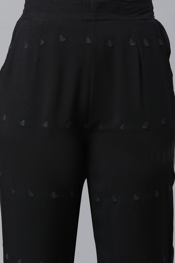 Black Schiffli Embroidered Straight Fit Woven Palazzo With Elasticated Waist