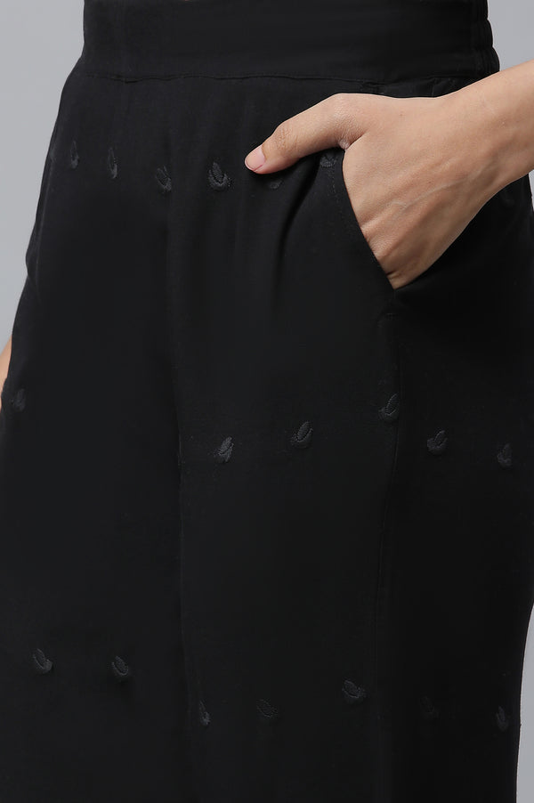 Black Schiffli Embroidered Straight Fit Woven Palazzo With Elasticated Waist