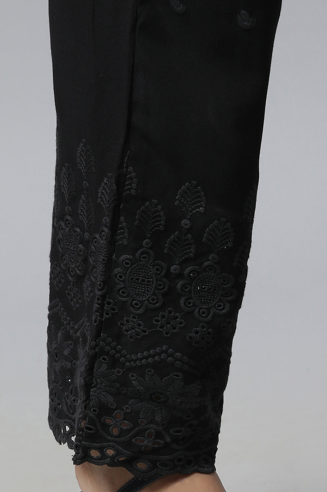 Black Schiffli Embroidered Straight Fit Woven Palazzo With Elasticated Waist