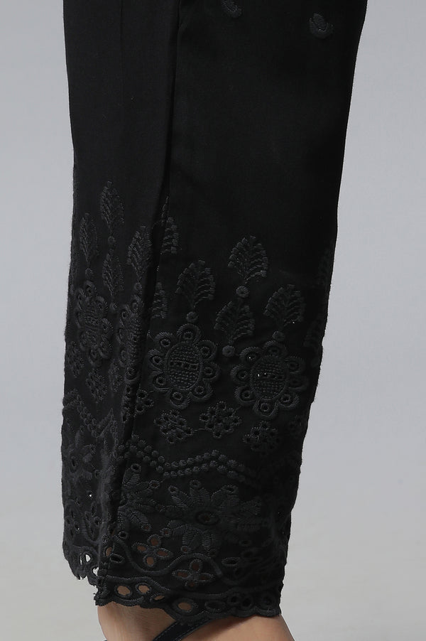 Black Schiffli Embroidered Straight Fit Woven Palazzo With Elasticated Waist