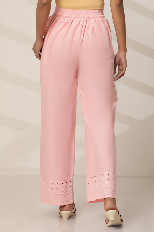Pink Embroidered Straight Fit Cotton Palazzo With Elasticated Waist