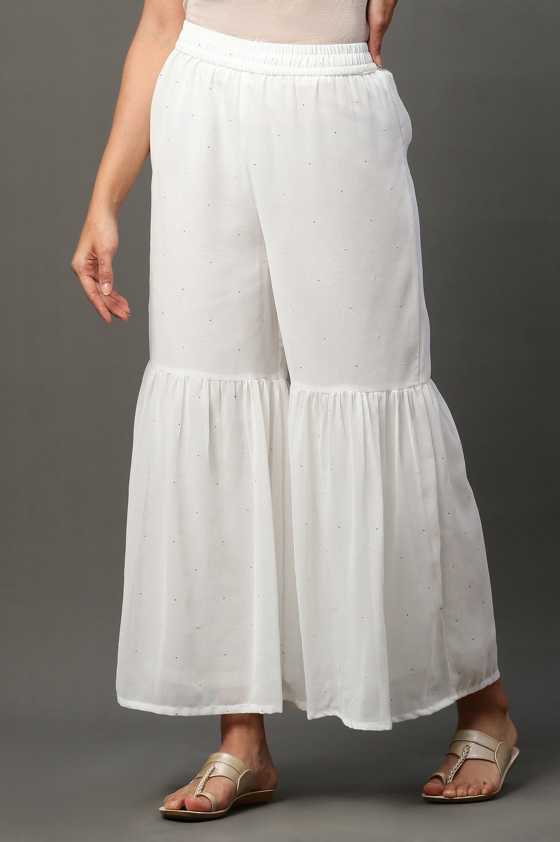 White Polka Dots Printed Flared Georgette Sharara With Elasticated Waist