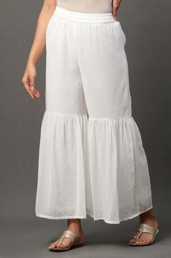 White Polka Dots Printed Flared Georgette Sharara With Elasticated Waist