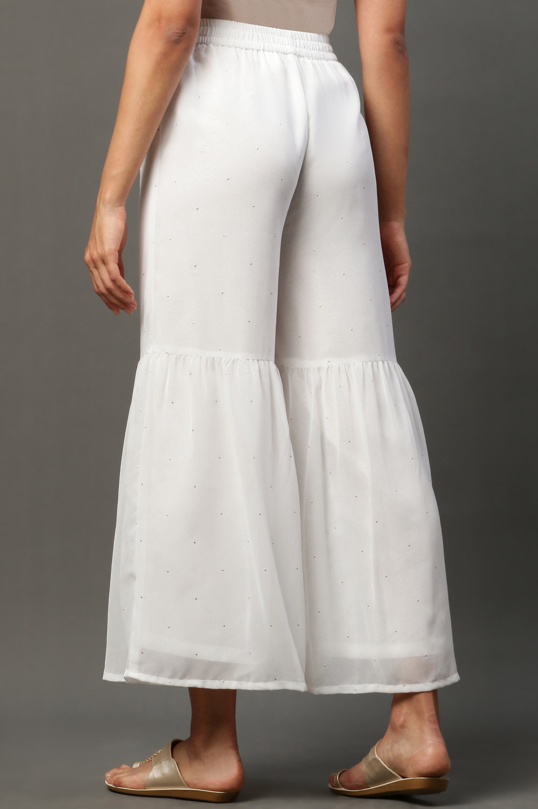 White Polka Dots Printed Flared Georgette Sharara With Elasticated Waist