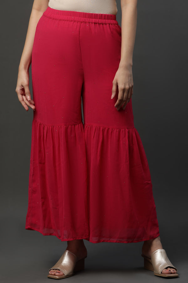 Pink Polka Dots Printed Flared Georgette Sharara With Elasticated Waist