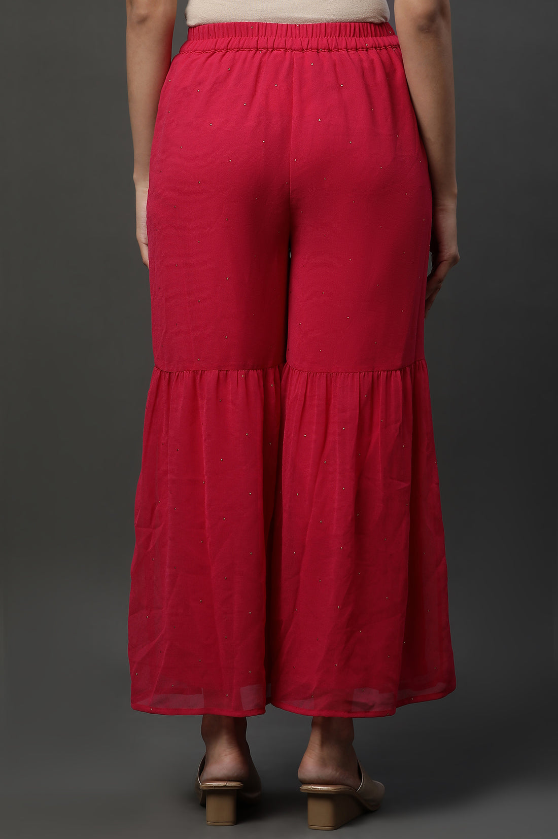 Pink Polka Dots Printed Flared Georgette Sharara With Elasticated Waist