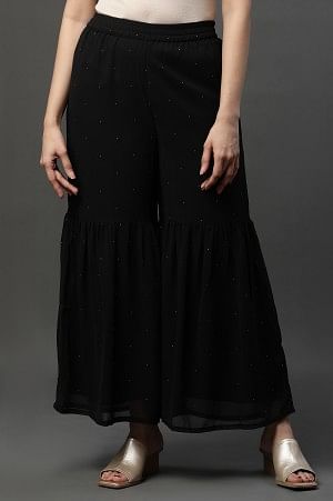 Elleven Women's Black Polka Dots Printed Flared Georgette Sharara With Elasticated Waist - S