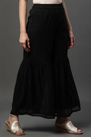 Black Polka Dots Printed Flared Georgette Sharara With Elasticated Waist