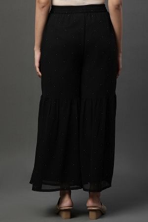 Black Polka Dots Printed Flared Georgette Sharara With Elasticated Waist