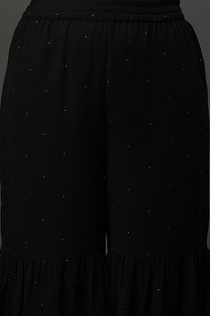 Black Polka Dots Printed Flared Georgette Sharara With Elasticated Waist
